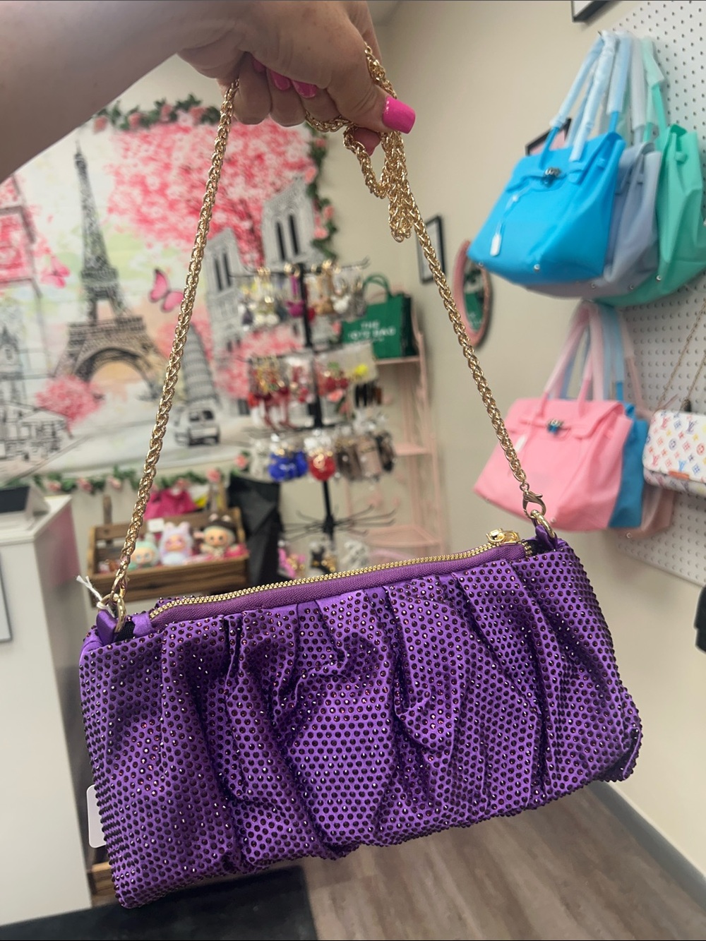 Purple Sequin Chain-Handle Shoulder Bag